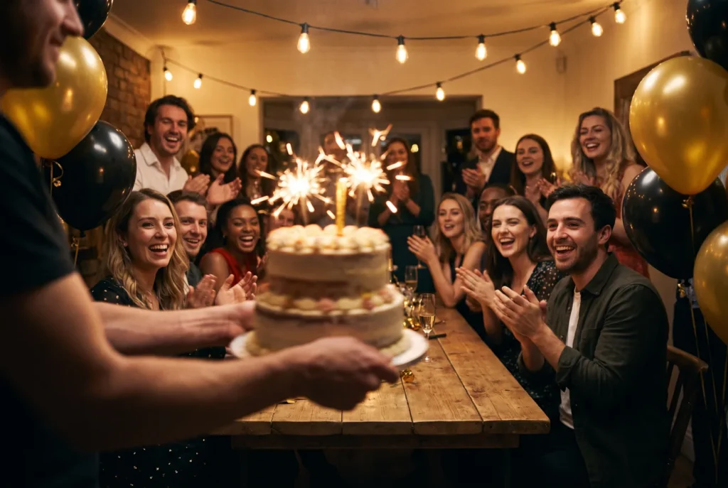 Birthday cake with sparklers carried to a cheering table at the depot