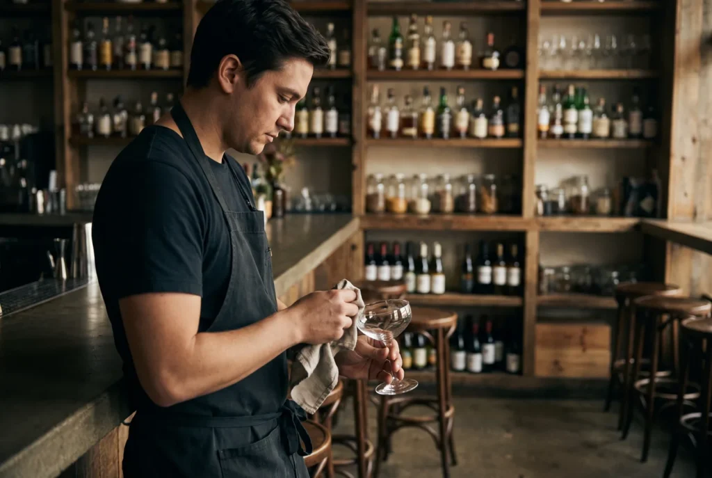 Bartender polishing a glass at the backlit bar inside the depot