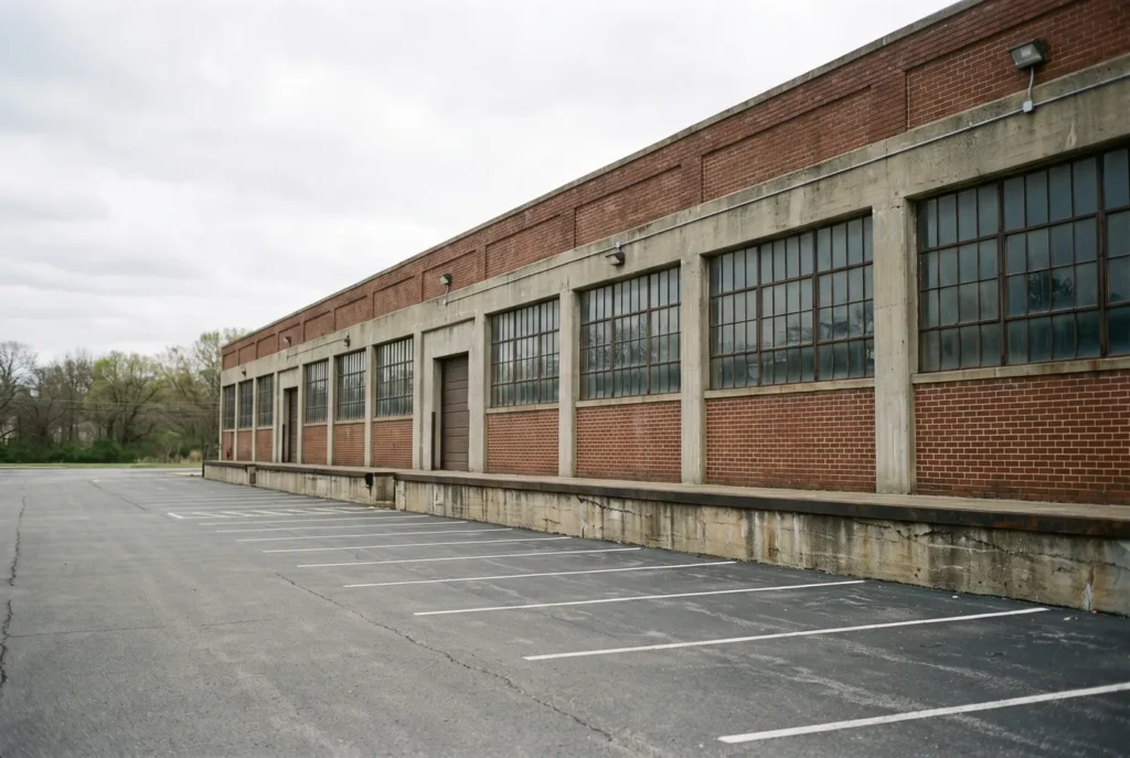 The brick freight depot exterior and parking lot at 254 W Eastland St, Gallatin