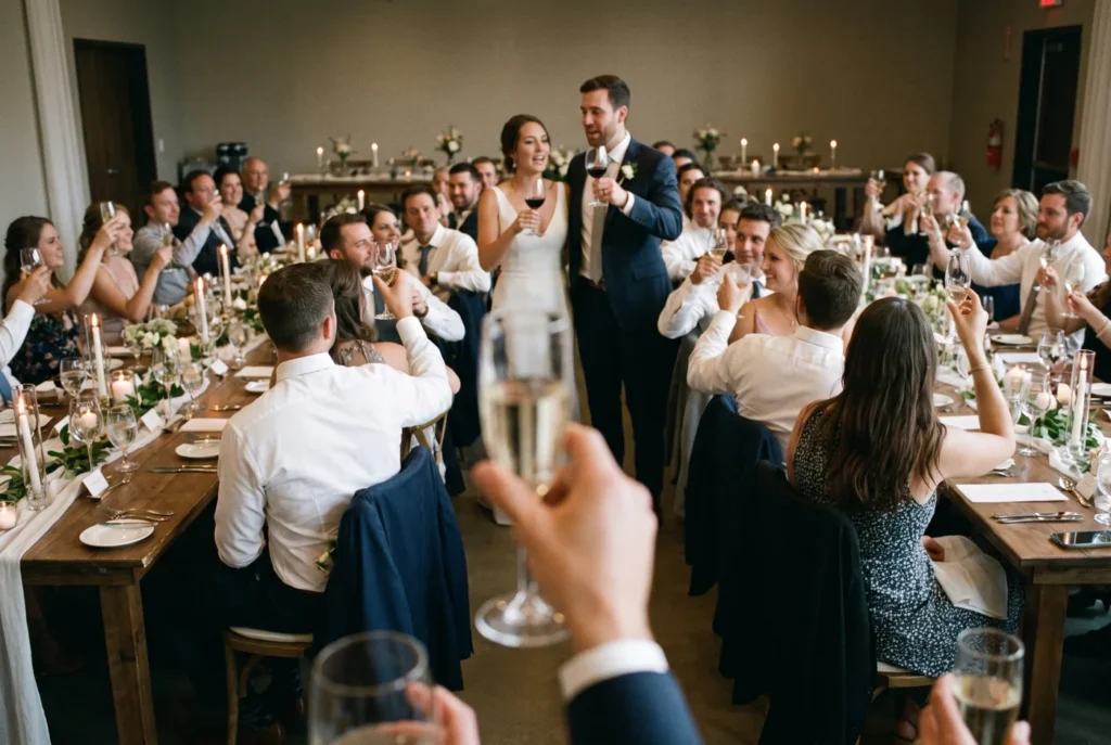 Candlelit reception tables along the brick wall at the Gallatin wedding venue