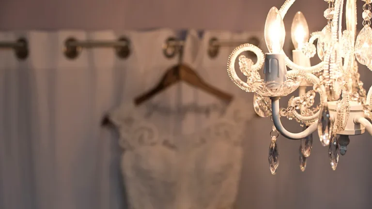 Chandelier and dress detail inside Depot Square Events