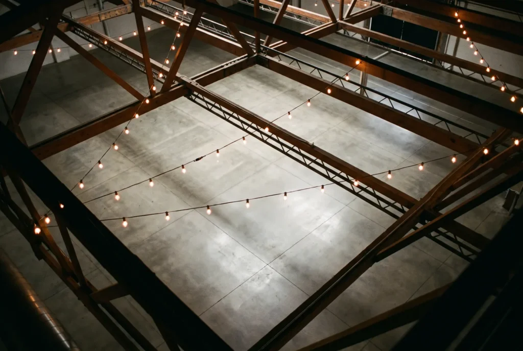 The 1,400 square foot dance floor seen from the trusses above